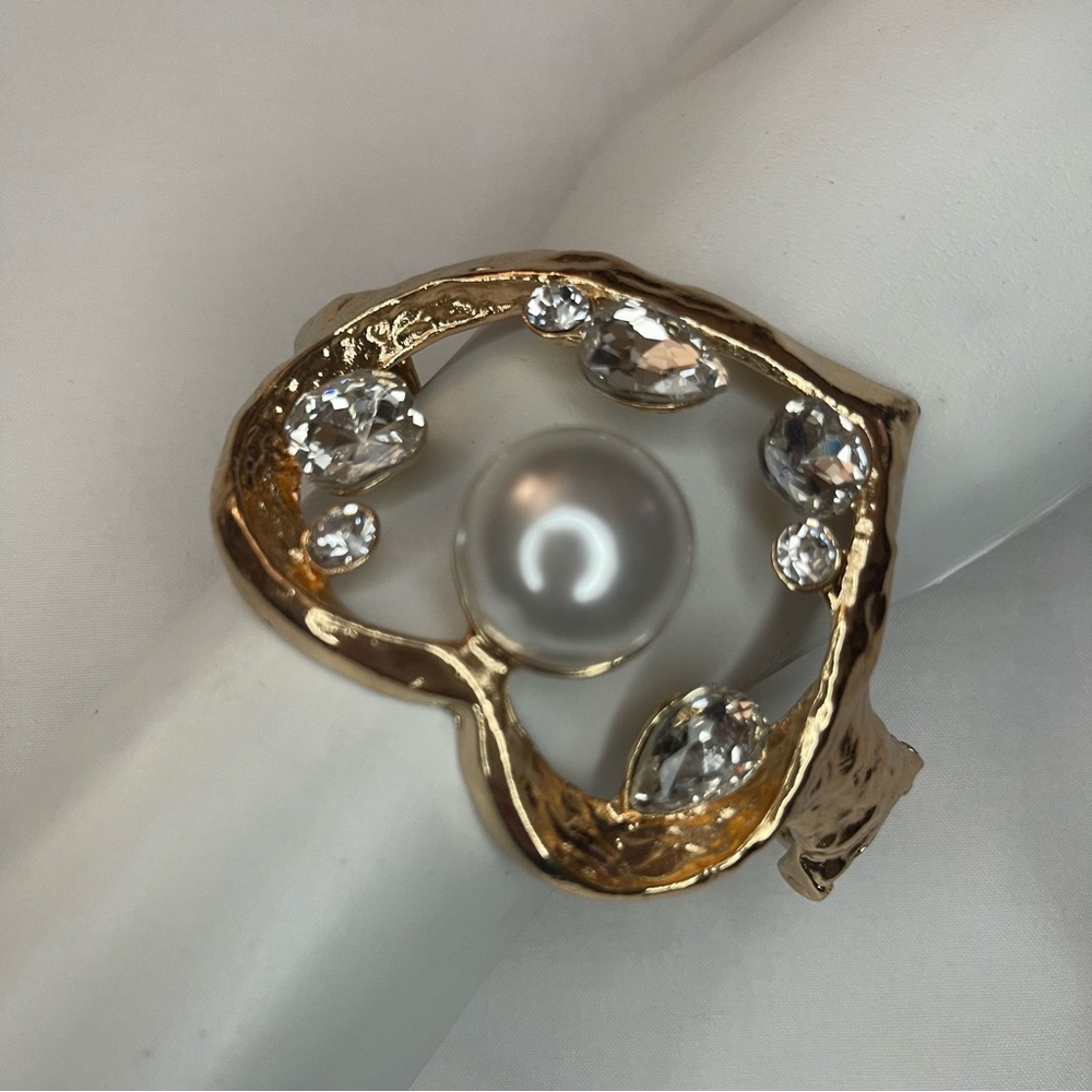 Gold tone statement faux pearl metallic cuff bracelet with rhinestones details